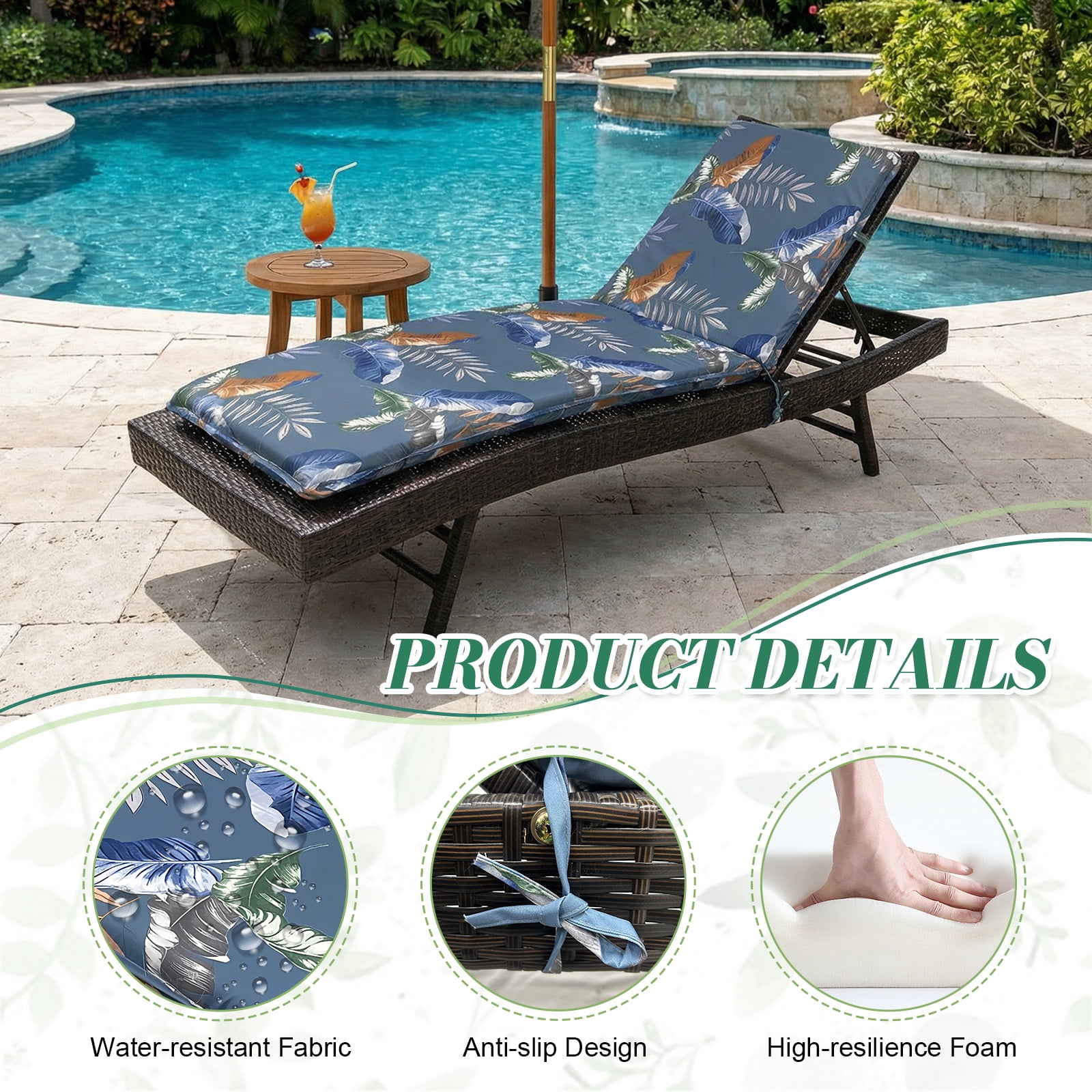 Eurhowing Outdoor Chaise Lounge Cushion 76"×23"×3", Waterproof Thick Patio Furniture Cushions with Straps, High-Density Foam Chair Pads for Poolside & Deck, 1 Pack, Blue Leaves