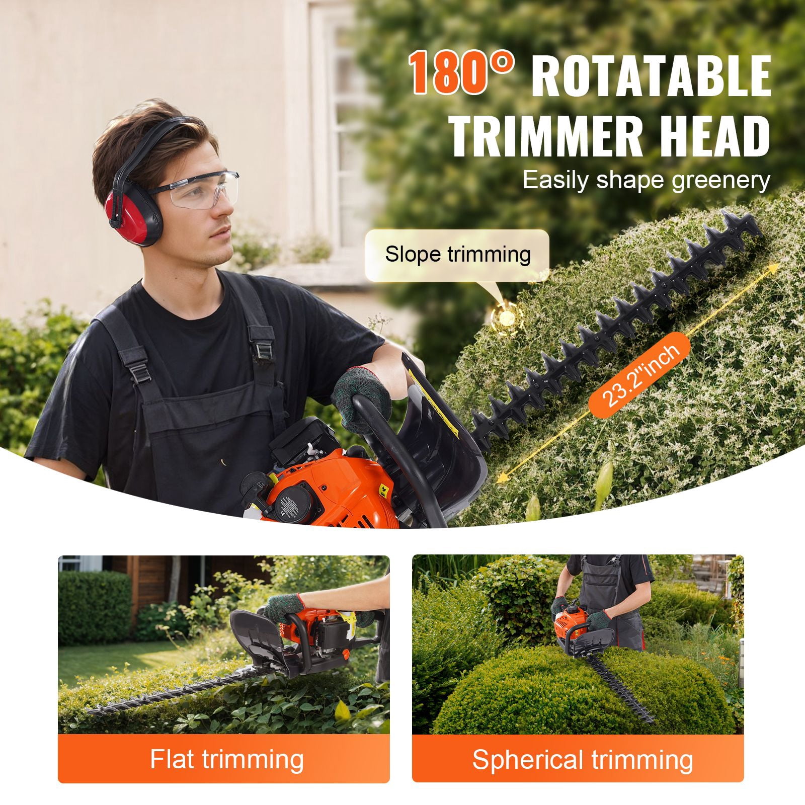 Dranite 26CC 2-Cycle Gas Hedge Trimmer, 23.2-Inch Dual-Sided Diamond Action Blade, 180° Rotatable Head for Shrubs & Bushes