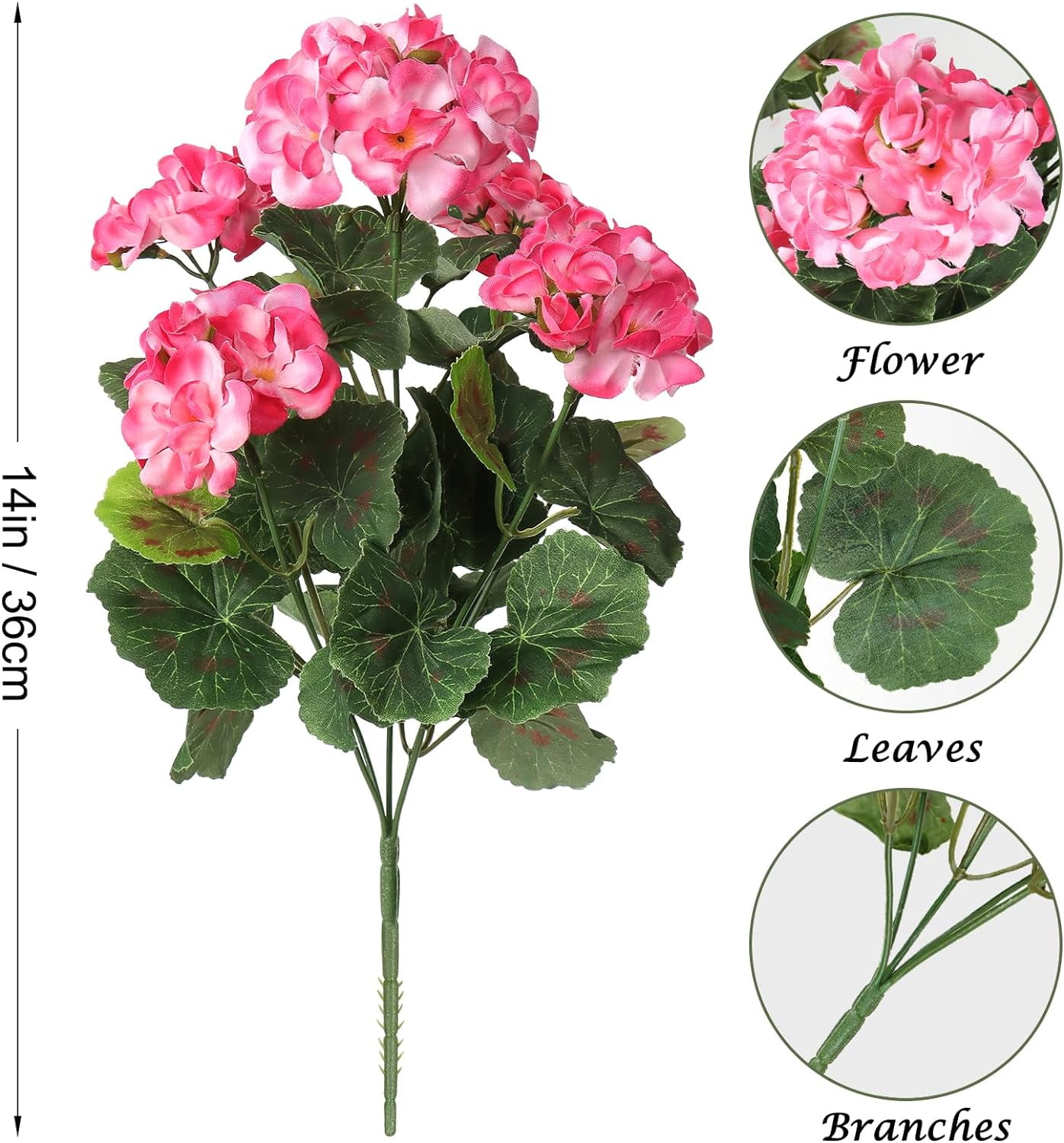 9 Pcs 14'' Artificial Geranium Silk Flower Outdoor UV Resistant Garden Plants Bush Faux Flowers for Home Wedding Kitchen Table Centerpieces Decor (Pink)
