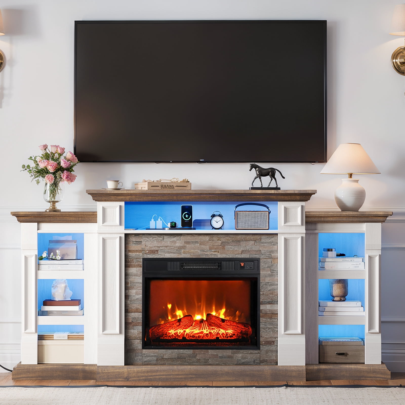 Holliwill 72" TV Stand for TVs up to 80" with Charging Station & LED Light, Electric Fireplace with Mantel, Entertainment Center with 23" Electric Heater, White Brown