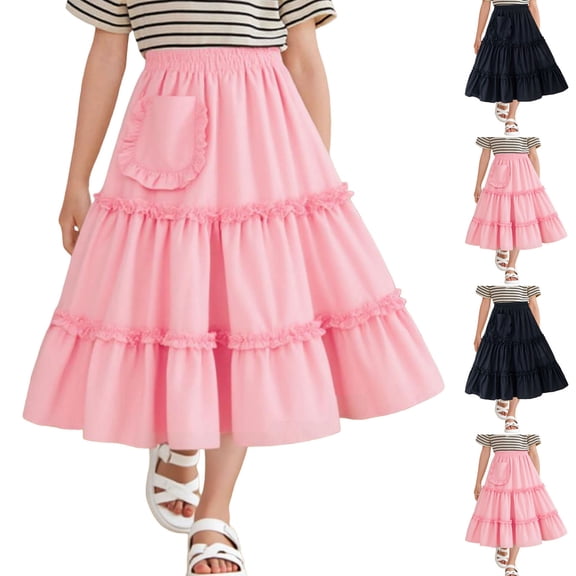 THDHVS Girls Skirts,Girls Casual Fashion Solid Elastic High Waist Tiered Hem Long Swing Maxi Skirt,Skirts for Girls