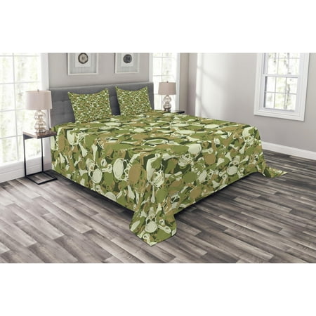 - Camo Bedspread Set, Sketchy Skulls and Crossbones Warning Sign Spooky Scary Horror Tile, Decorative Quilted Coverlet Set with Pillow Shams Included, Pale Brown Green Pale Green, by Ambesonne