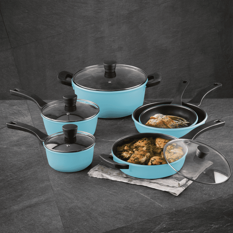 Retro by Bergner - 10 Pc Non Stick Cast Aluminum Pots and Pans Cookware Set,  10 Pieces, Blue 