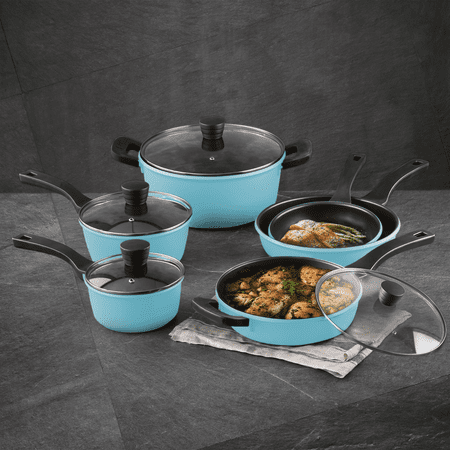 Retro by Bergner - 10 Pc Non Stick Cast Aluminum Pots and Pans Cookware Set  10 Pieces  Blue