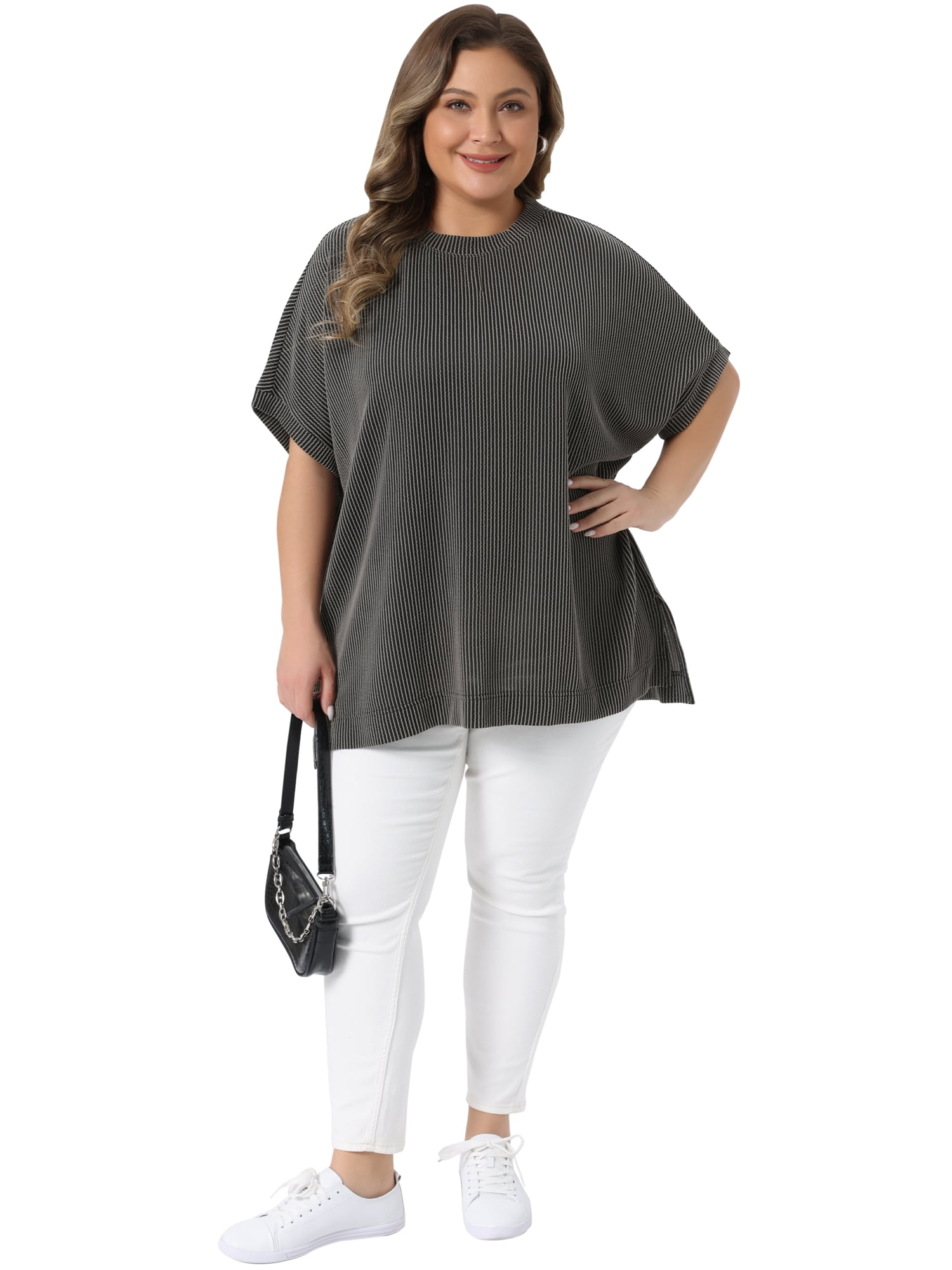 DARING DIVA Women's Plus Crew Neck Loose Fit Striped Summer Blouse 3X Black