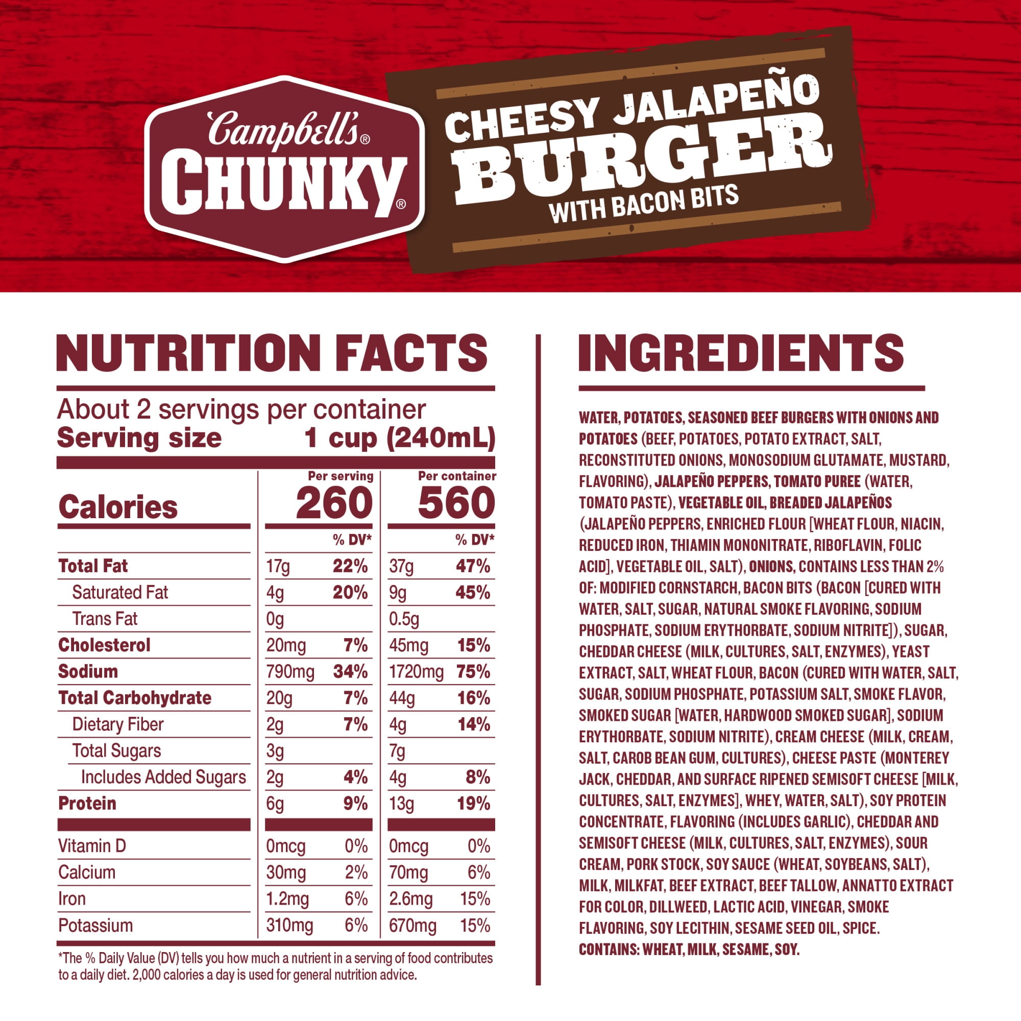 (12 pack) Campbell's Chunky Cheesy Jalapeno Burger with Bacon Bits Soup, 18.8 oz Can