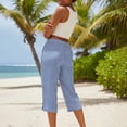 thumbnail image 6 of Striped Capri Pants for Women Loose Fit Straight Leg Cropped Pant Casual Summer Drawstring Elastic Waist Trousers Blue S, 6 of 7
