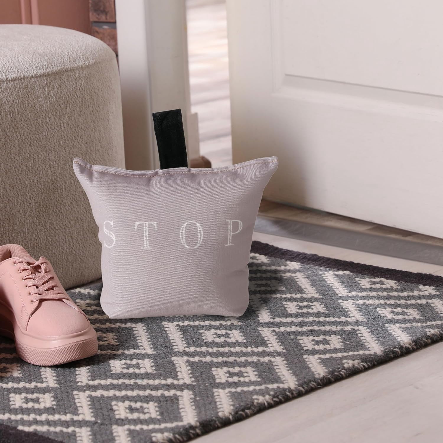 Weighted Door Stop, Pale Rosy Pink, White Letters, Polyester and Sand Filler, Loop Handle,  9 L x 4 W x 7.5 H inches, 4.5 lbs.