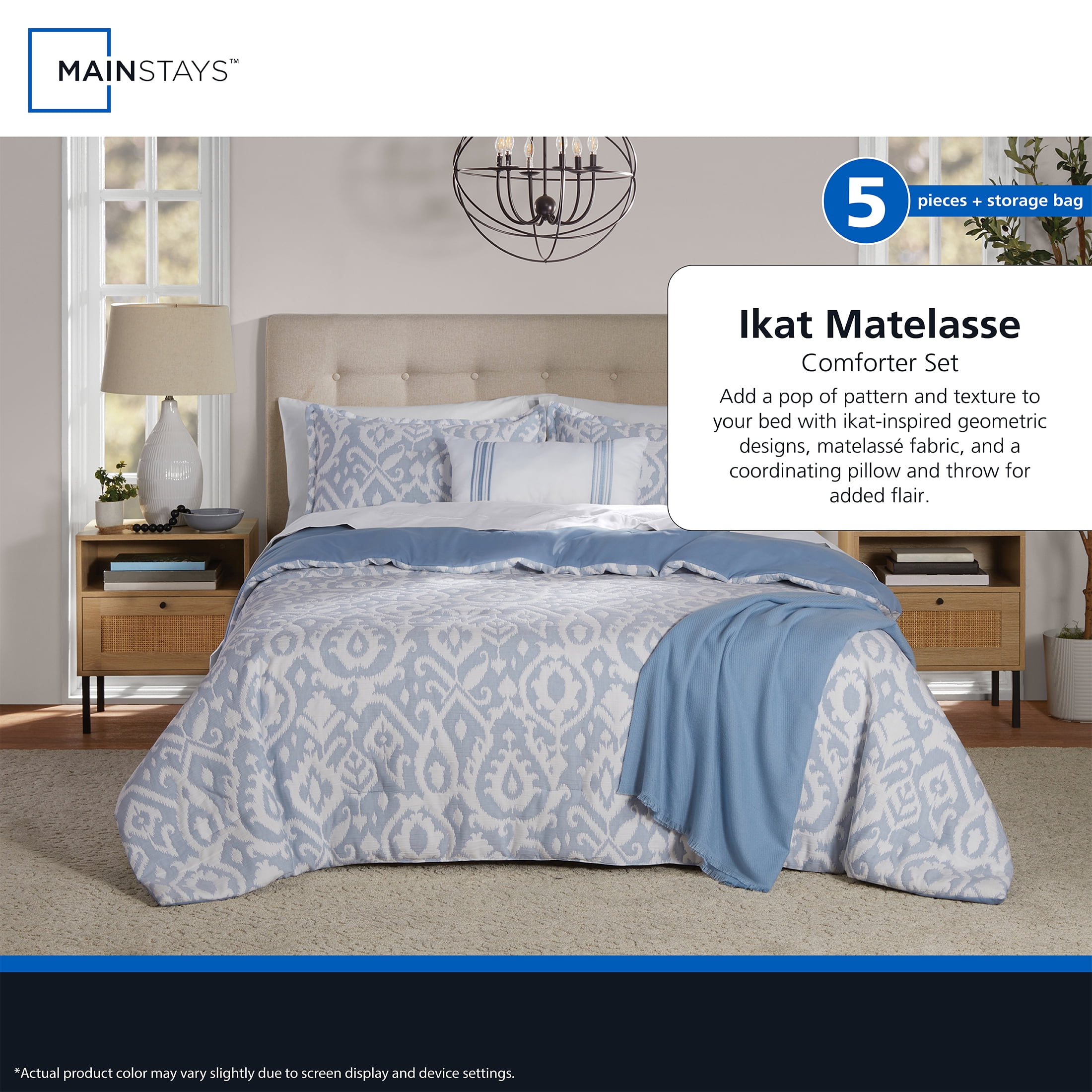 Mainstays Ikat 4-Piece Blue Matelasse Comforter Set, Twin/Twin XL
