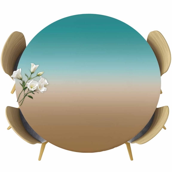 Teal Brown Ombre Table Cloth, Round Fitted Tablecloths with Elastic Edge, Turquoise Gradient Modern Abstract Art Wipeable Waterproof Table Cover for Kitchen Wedding 55-60 Inches