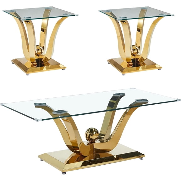 Modern Living Room Table Set of 3, Coffee Table and End Tables, 0.39" Tempered Glass Tops and U-Shaped Stainless Steel Bases