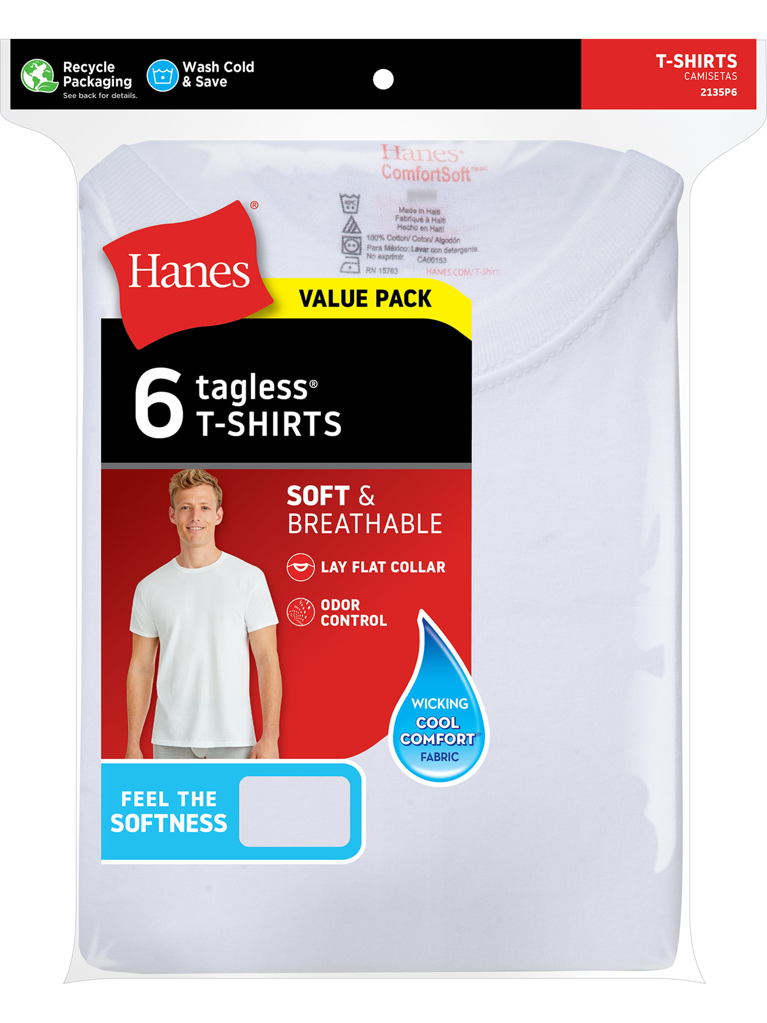 Hanes Men's Value Pack White Crew T-Shirt Undershirts, 6 Pack - image 3 of 10