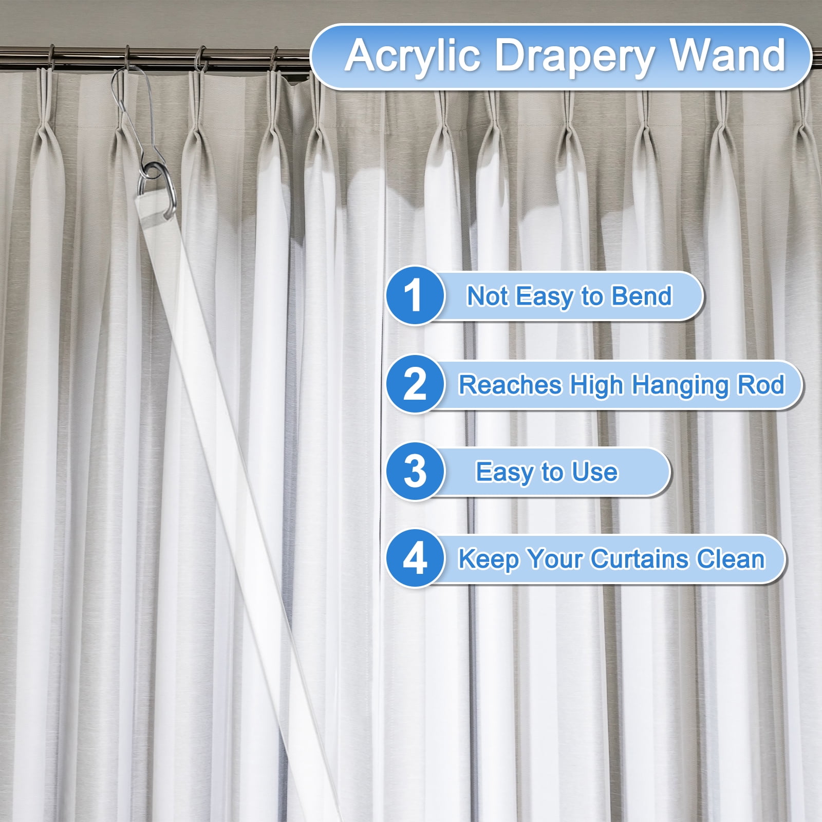 6 Pack 17" Acrylic Drapery Wand, Invisible Curtain Pull Rod with Hook, Universal Tilt Wand Replacement Part for High Hanging Curtain Opening-Closing, Clear