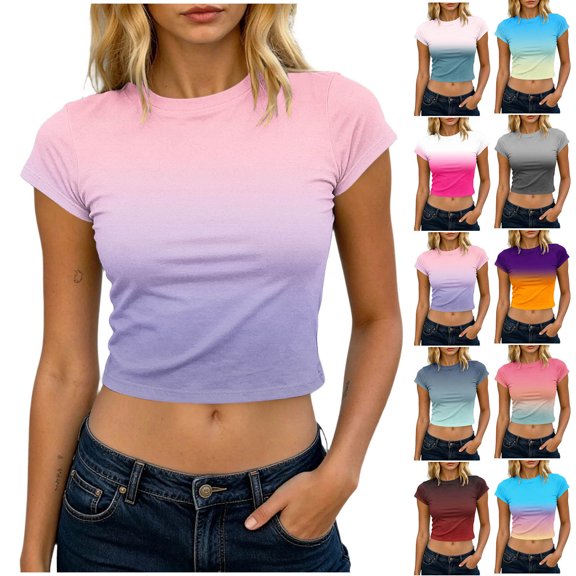 Fengqque Womens Summer Short Sleeve Crop Tops Crewneck Cap Sleeve T Shirts Loose Fit Basic Tees Yellow XL(XL)