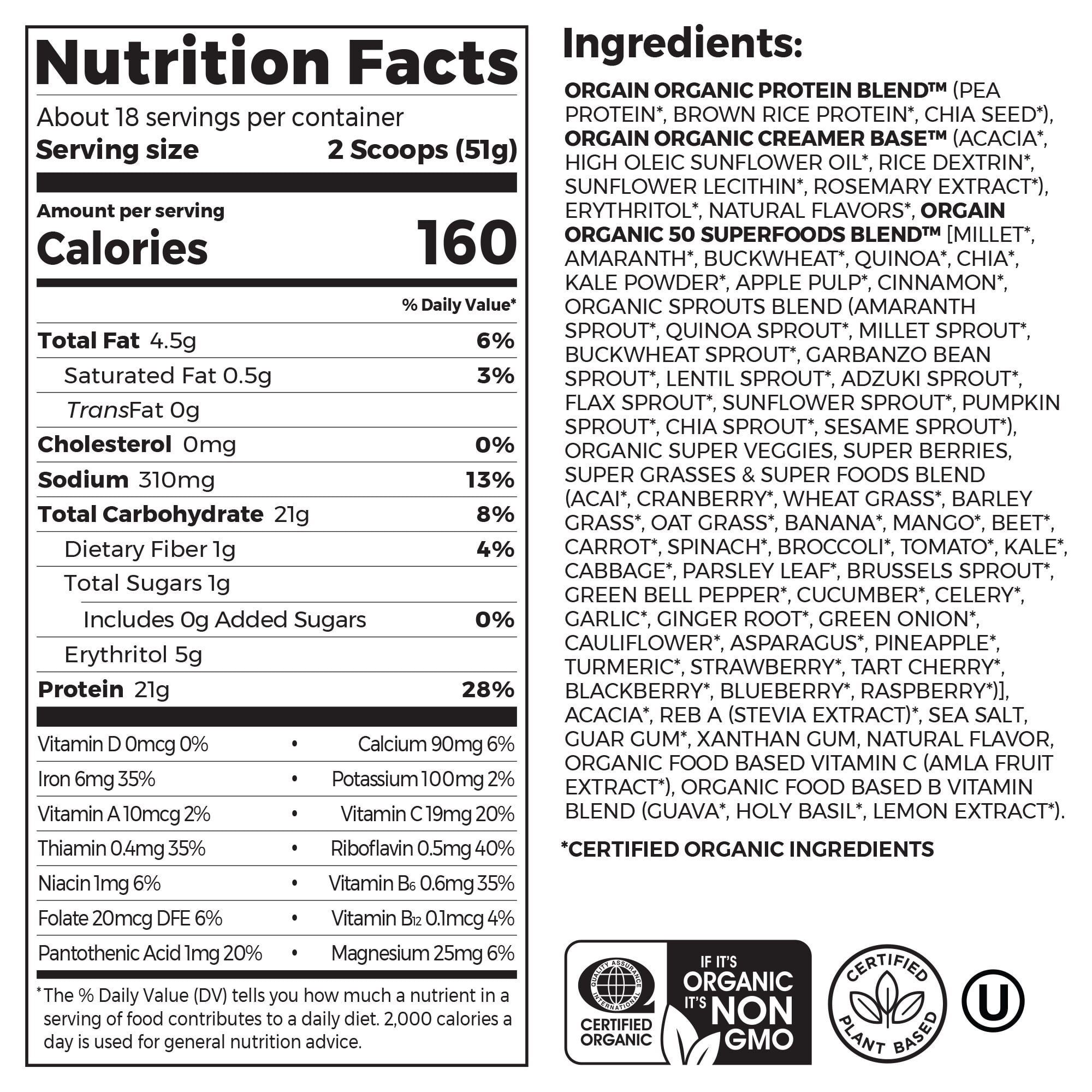Orgain Organic Vegan 21g Protein + 50 Superfoods Powder, Plant Based Shake Drink, Vanilla Bean 2.02lb