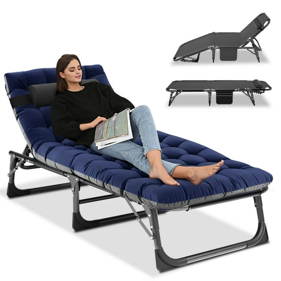 MOPHOTO Adjustable Position Camping Cot Support 440 bls,  Outdoor Portable Lounge Chair Sleeping Cot, Adults Reclining Folding Chaise with Pillow, Folding Bed Perfect for Pool, Patio