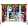 thumbnail image 4 of 4 x 4 ft Christmas Window Backdrop Winter Snow Snowmen Scene Xmas Tree House Cabin Gift Reindeer Party Decorations Banner Photography Backdrops Holiday Decorations Photo Booth Backdground Props, 4 of 5