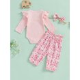 thumbnail image 6 of Baby Toddler Girl Fall Outfit, 0 3 6 12 18 24 Months Ruffle Long Sleeve Ribbed Romper Elastic Waist Pants with Fixed Belt Bow Headband, 6 of 9
