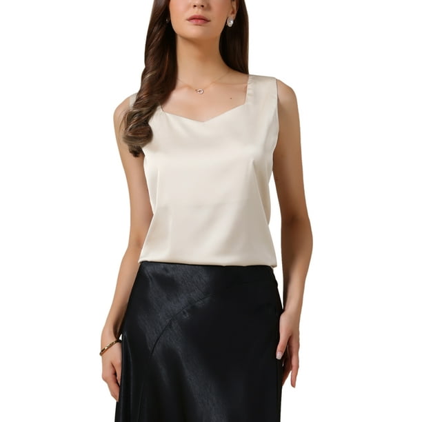 INSPIRAR CHIC Top de Satén sin Mangas para Mujeres, Camiseta de Seda Casual con Escote en V, Color Champagne