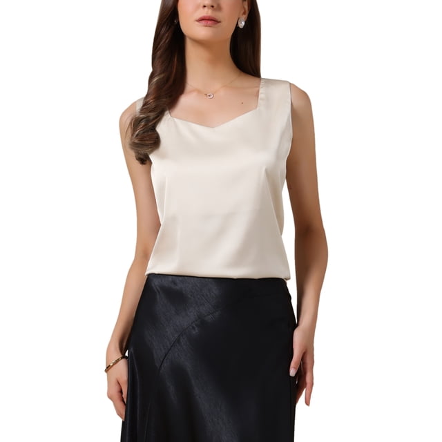 INSPIRAR CHIC Top de Satén sin Mangas para Mujeres, Camiseta de Seda con Escote en V, Casual Elegante, Talla 2XL, Champagne