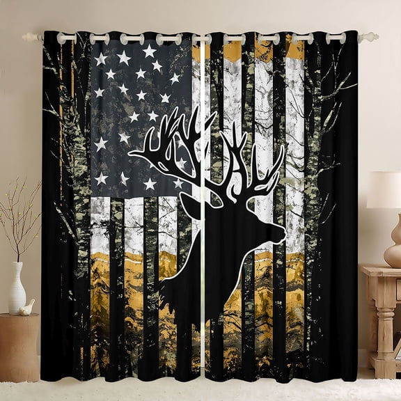 Manfei Hunting Deer Kitchen Curtains, Grunge Retro USA Flag Black Out Curtains Pack of 2 (42x63 Each), Black White Gold