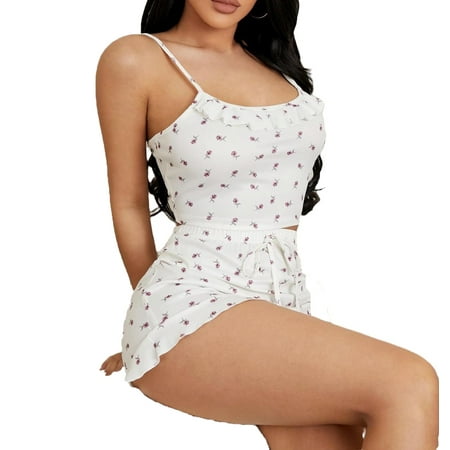 

Cute Ditsy Floral Print Print Spaghetti Strap Short Sets Sleeveless White Womens Pajama Sets (Women s)