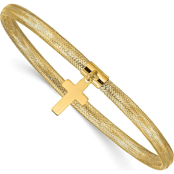 10K Yellow Gold Mesh Cross Dangle Stretch Bracelet (Width 4) (Length 7.5) - Jbsp