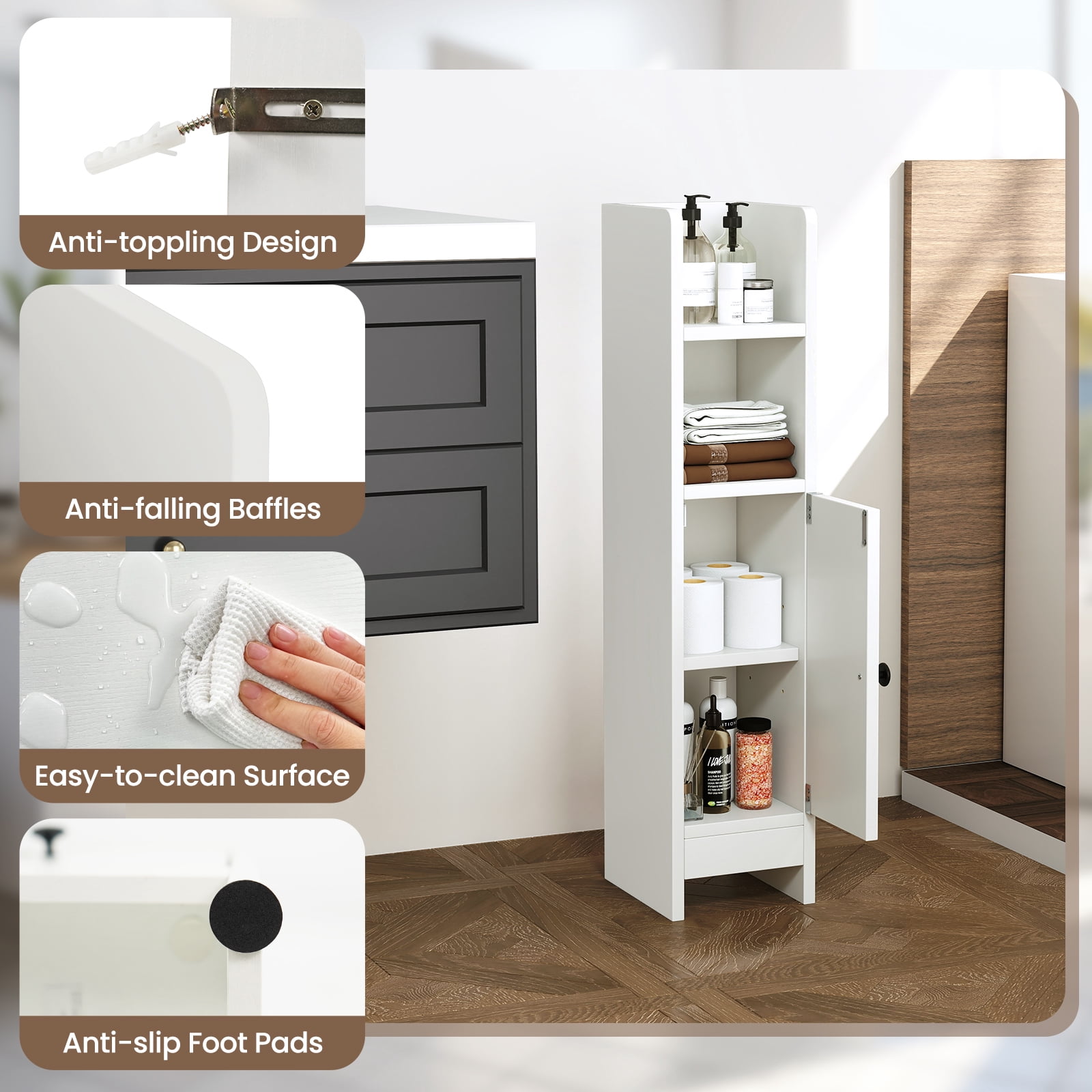 Giantex Slim Corner Bathroom Cabinet, Narrow Floor Cabinet w/ 3-Level Adjustable Shelf, Freestanding Storage Organizer, White