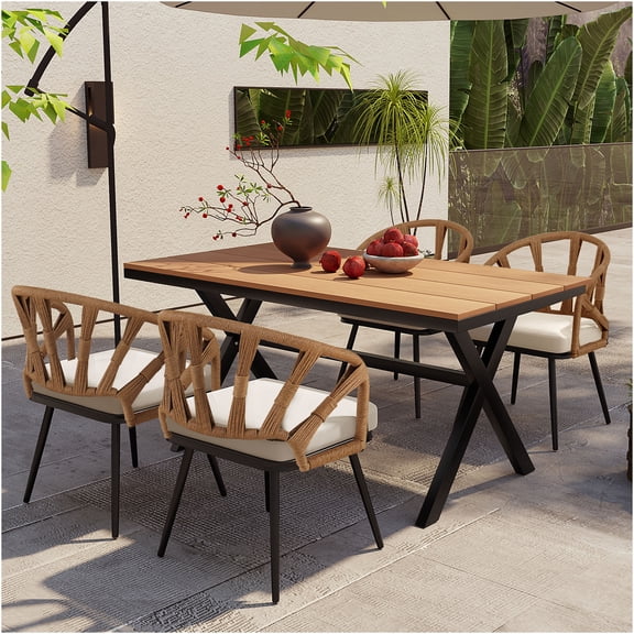 JERFIT 4-Piece Outdoor Patio Set with Table and Chairs, Dark Yellow All-Weather PE Rattan Dining Set for Garden, Lawn, Backyard