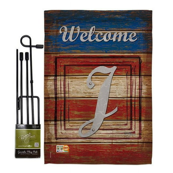 Breeze Decor BD-PA-GS-130114-IP-BO-D-US14-BD 13 x 18.5 in. Patriotic J Initial Americana Impressions Decorative Vertical Double Sided Garden Flag Set with Banner Pole