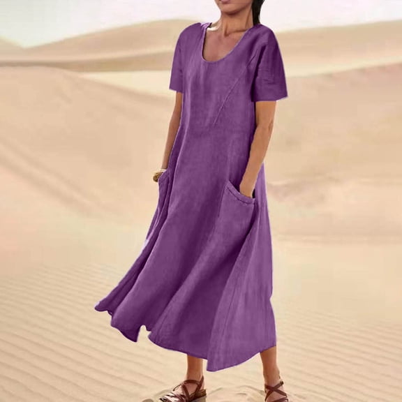 Uscallm Women Plus Size Summer Casual Maxi Dresses Round Neck Short Sleeve Loose Fit Boho Flowy Solid Vacation Beach Holiday Sundresses, Purple 4XL