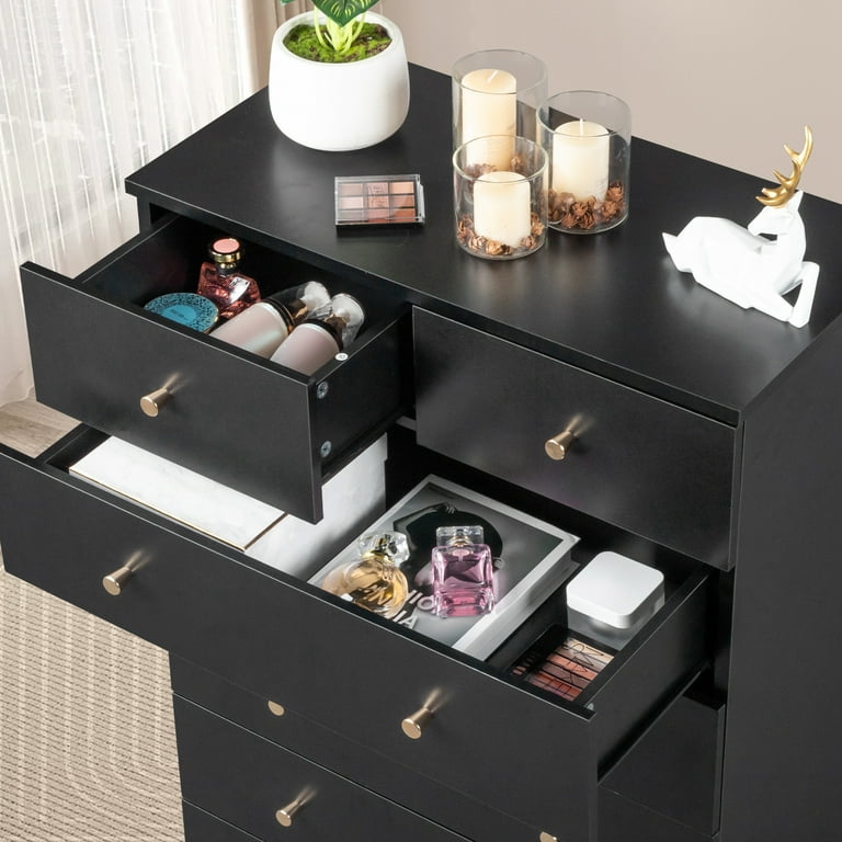 black and rose gold dresser HiiKaa 5-Drawer Dresser for the Bedroom, Tall Bedroom Dresser with Large  Drawers and Rose Gold Handles, Wooden Storage Cabinet with Drawers for the