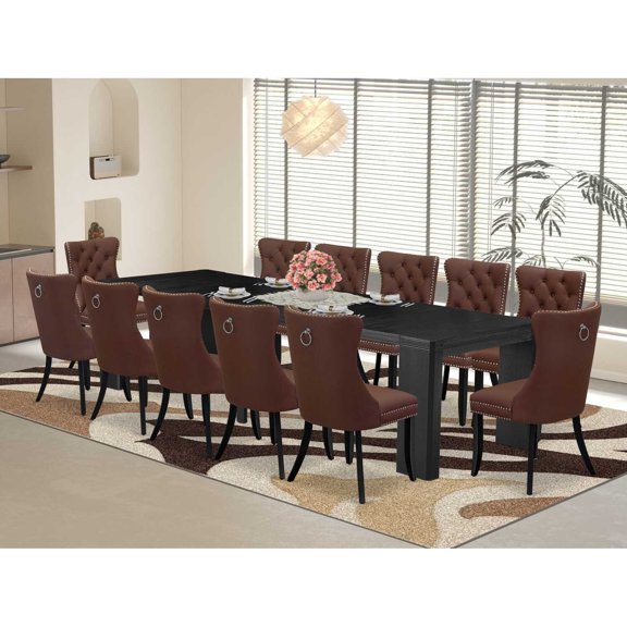 East West Furniture Xtenczar 13 -Piece Dining Room Table Set in Black Finish
