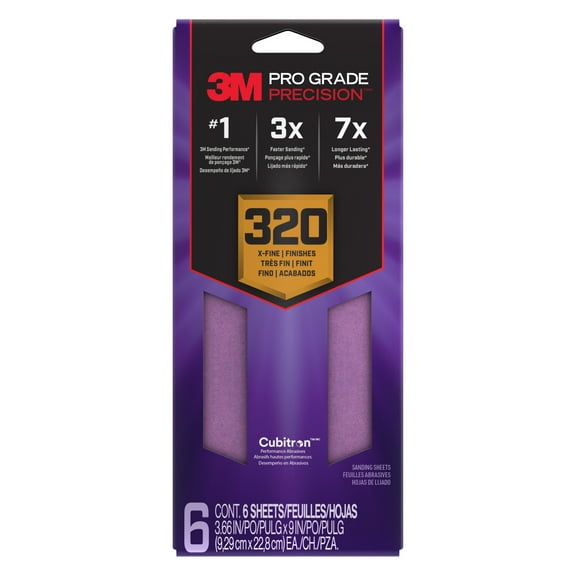 3M Pro Grade Precision Sandpaper, No-Slip Grip Backing, 3 2/3 in x 9 in, 320 Grit, 6 Sheets