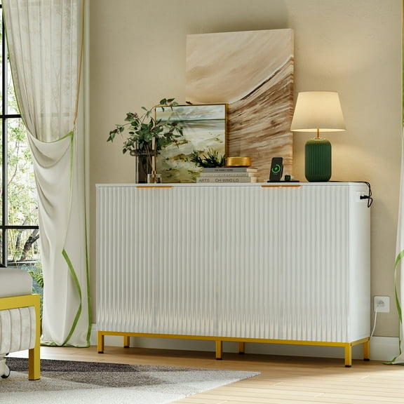 Bestier Sideboard Buffet Cabinet with Storage, 55" Fluted Storage Cabinet with Power Outlet, 4 Doors & Adjustable Shelves for Kitchen, Modern Accent Console for Living Room, Entryway, White