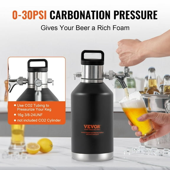 Beer Growler 128Oz 4L Mini Keg with Pressurized Tap System, CO2 Regulator, Pressure Display & Leak-Proof Ring for Craft Beer