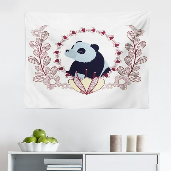 Panda Tapestry, Continuing Print of Heads with a Crown Cartoon Themed Fantasy World, Fabric Wall Hanging Decor for Bedroom Living Room Dorm, 2 Sizes, Charcoal Grey Pink White, by Ambesonne