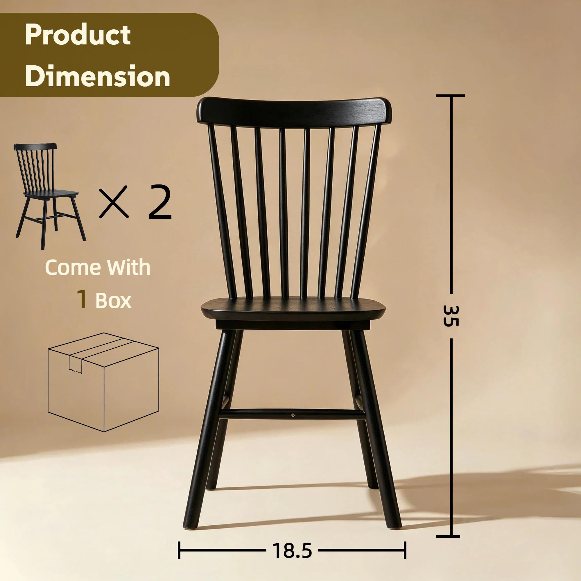 BSHTI Solid Wood Dining Chairs, Spindle Back Kitchen Chairs with H-Style Legs, Classic Farmhouse Dining Room Chairs, Black,Set of 2