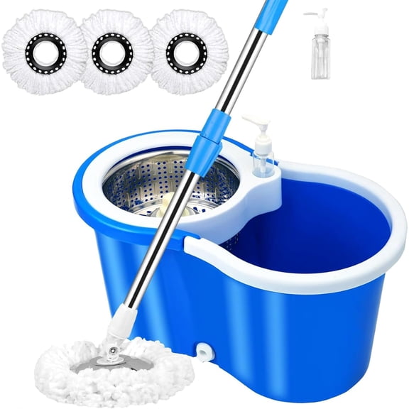 Spin Mop and Bucket with Wringer Set,Mop & Bucket Floor Cleaning System Mop Bucket with Adjustable Extended Handle 3 Microfiber Replacement Head Refills