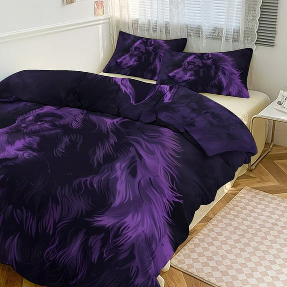 Purple Wolf 3 Pcs Soft Bedding Set, Includes 1 Duvet Cover with Zipper And 2 Pillow Shams Purple Wolf 86"x70"