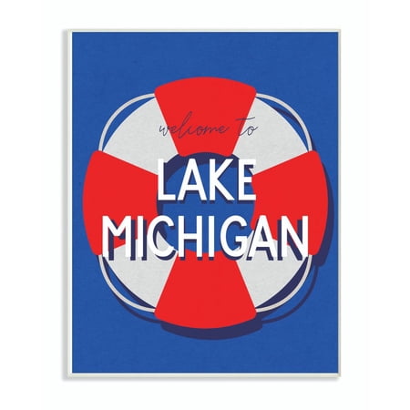 Stupell Industries Lake Michigan Beach Coast Ocean Blue Red Word Design Wall Plaque Art by Daphne Polselli