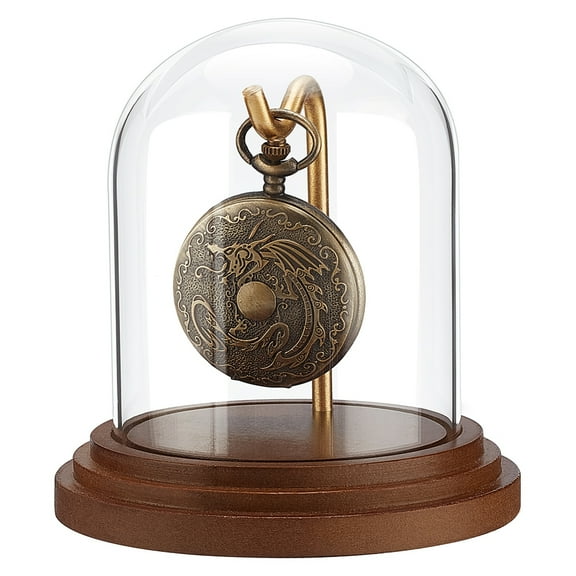 Pocket Watch Display Dome Cloche with Hook 4.2"x4" Watch Display Jar Decorative Glass Display Case with Wood Base Plants Showcase for Watch Plants