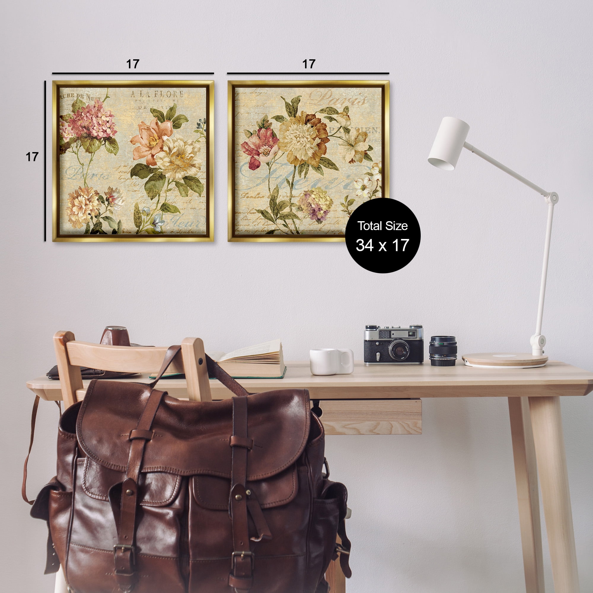 Stupell Industries Vintage French Floral with Script Botanical & Floral Painting Gold Floater Framed Canvas Art Print Wall Art, 18 x 18, Set of 2