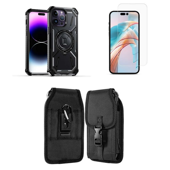 Bemz Rugged Case for iPhone 15 Plus - Tough Magnetic Ring Stand Charger Cover with Glass Screen Protector and Vertical Rugged Release Buckle Belt Holster Pouch (Black)