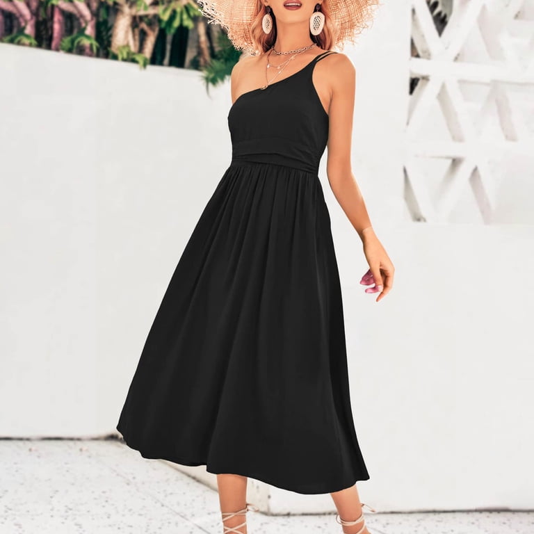 Women's Summer Sleeveless One Shoulder Dress Boho Floral Print Midi Dress  High Waist A-Line Flowy Beach Sundress - Walmart.com