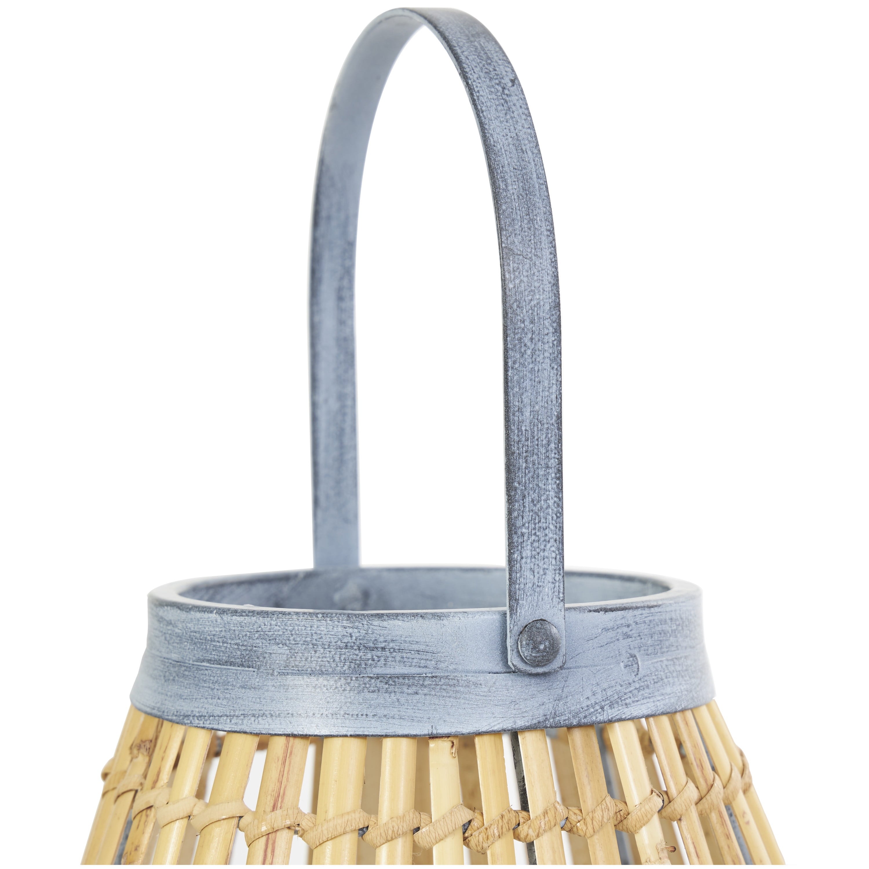 DecMode Brown Bamboo Handmade Open Framed Candle Lantern with Blue Metal Accents and Handle