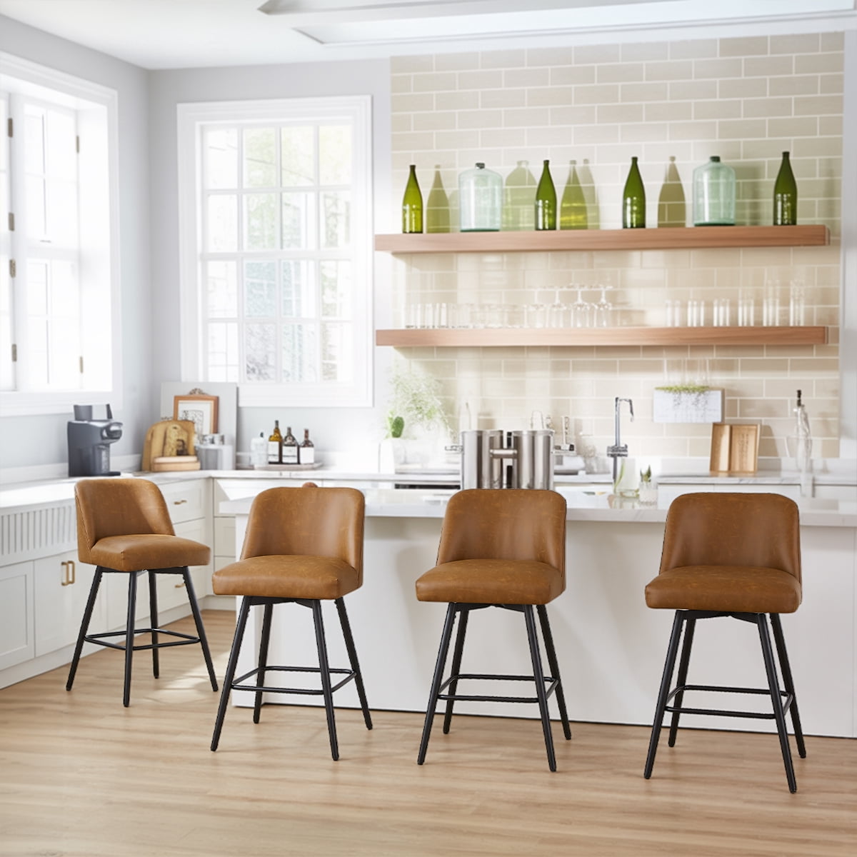 Modern Bar Stools Set of 4, 26" H Swivel Counter Height Barstools with High Backs, Kitchen Island Stools, For Bar & Home,Faux Leather, Brown