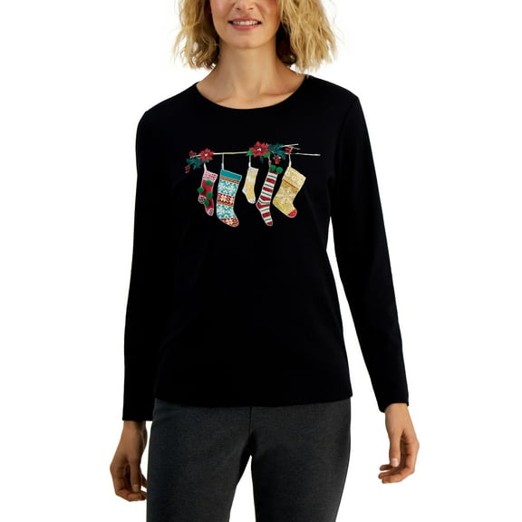 Karen Scott Petite Embellished Holiday Graphic T-Shirt Deep Black Stocking PM