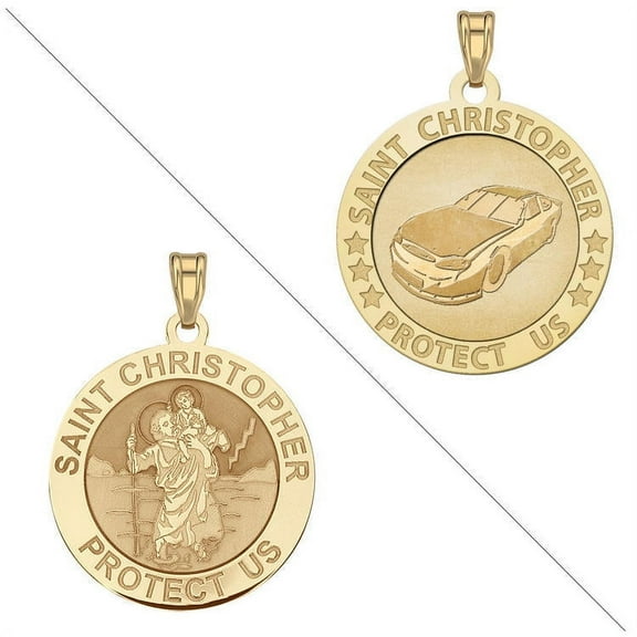 Racing - Saint Christopher Doubledside Sports Religious Medal  2/3 Inch Solid 14K Yellow Gold