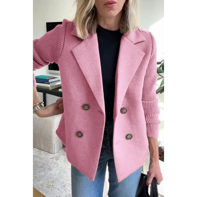Women's Spring Wool Blend Double-Breasted Coat Solid Color Regular Fit Long Sleeve Suit Jacket Brown